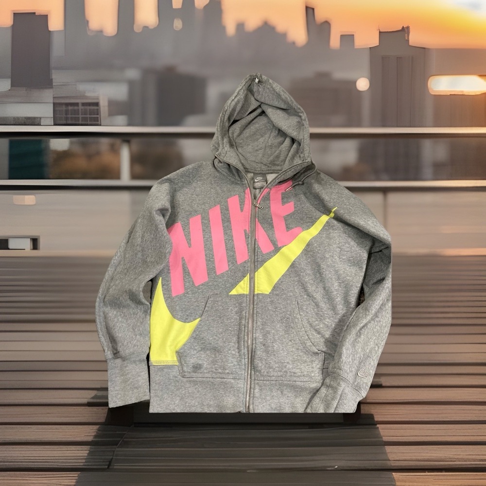 Nike Sportswear Hoodie Full Zip Gray Pink Yellow Swoosh‎ Spellout Size M